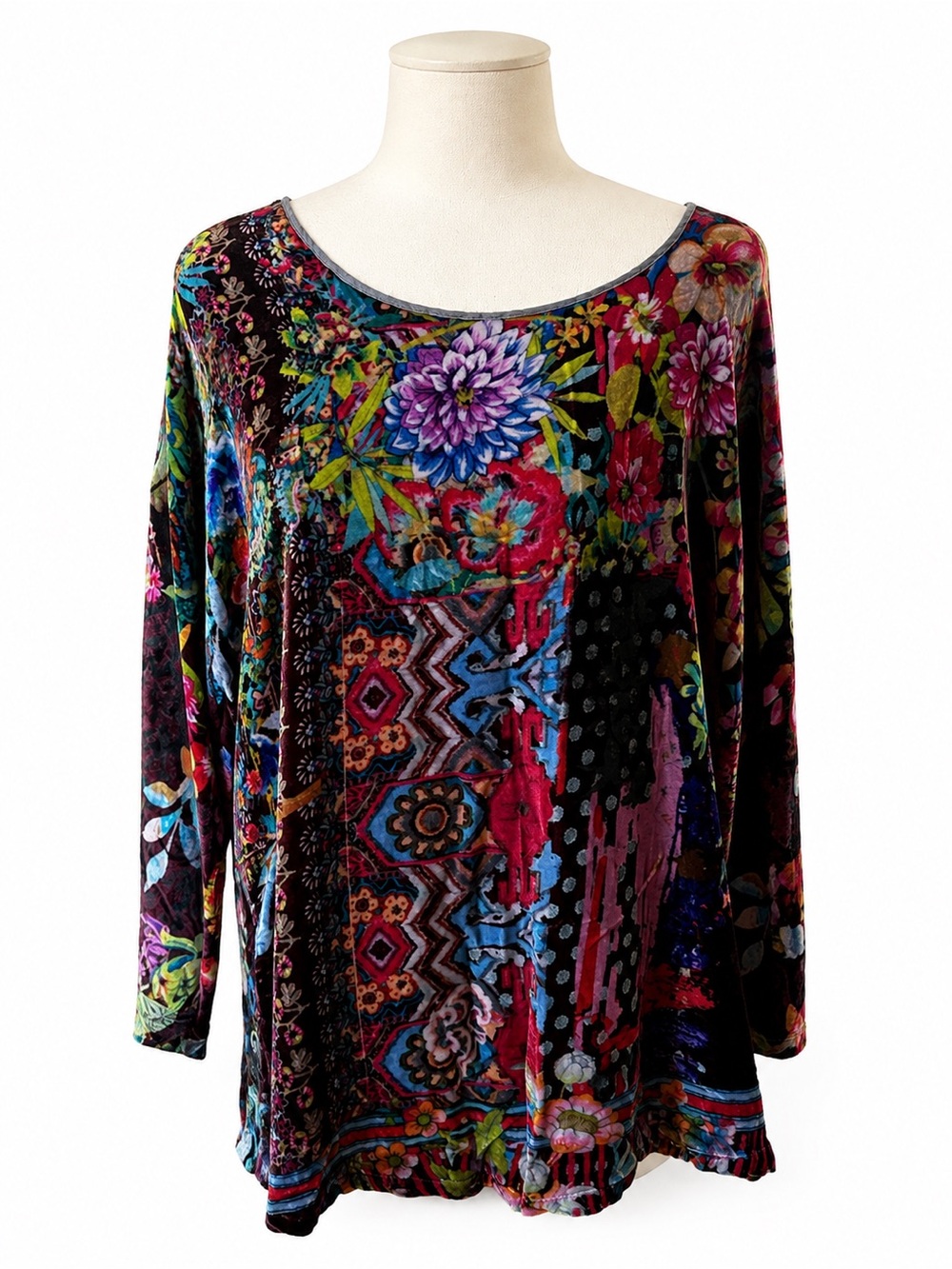 Johnny Was Grace 2X Velvet Patchwork Floral Boho Tunic Top